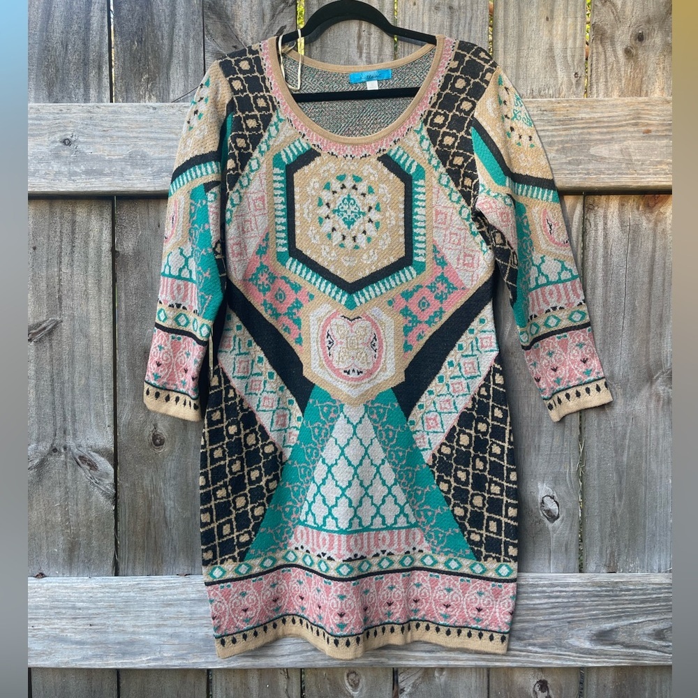 Buttons Multicolor Long Sleeve Sweater Dress Size L